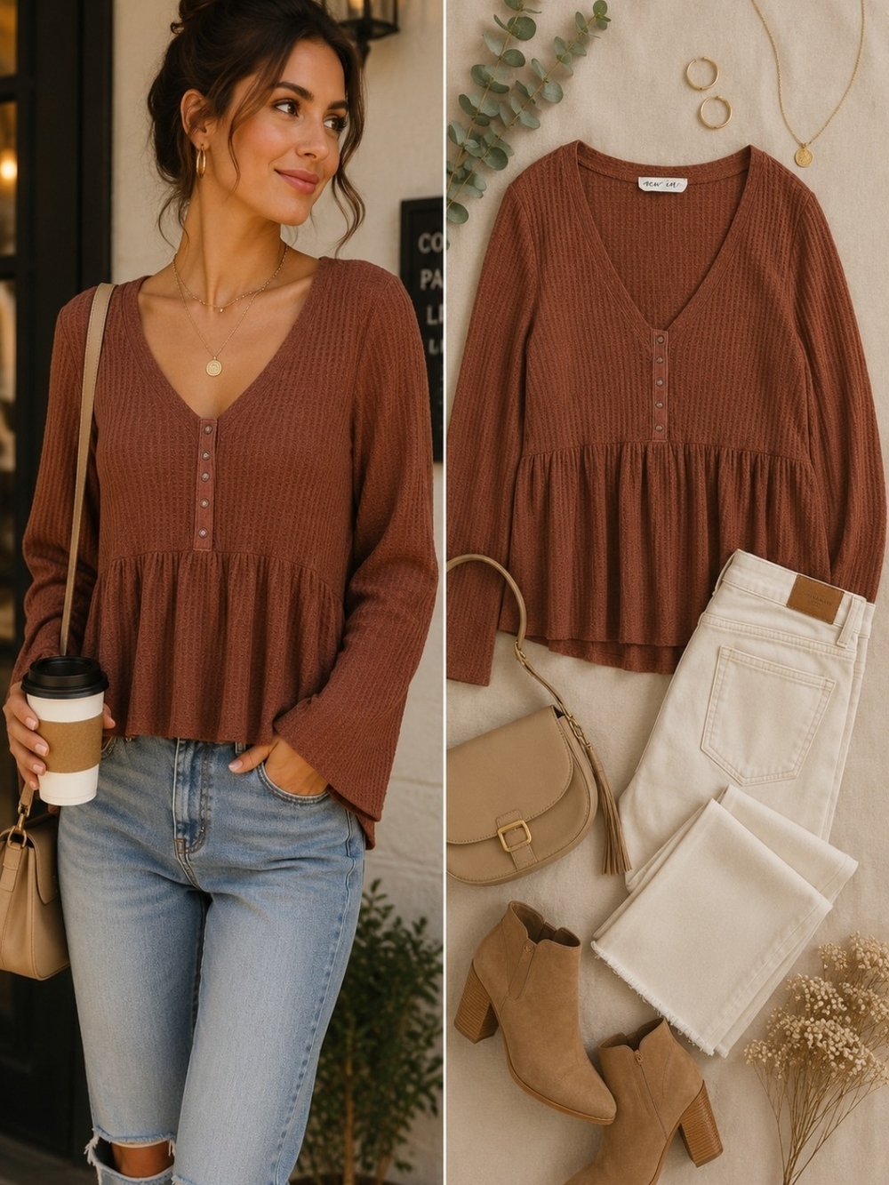 New In Rust Brown Waffle Knit Babydoll Henley Top Long Sleeve Boho V Neck Sz S